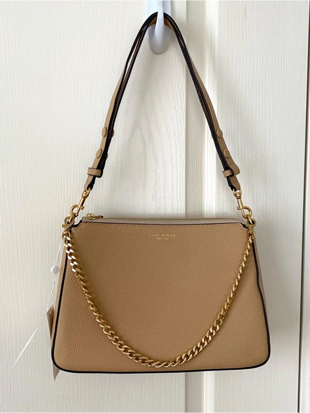 $400 NWT Tory Burch Perry Brown Tan Pebble Leather Gold Chain Strap Shoulder Bag
